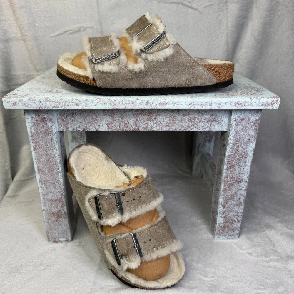 Birkenstock Arizona Shearling Sandals Womens 37 Taupe Suede Double Strap Slides